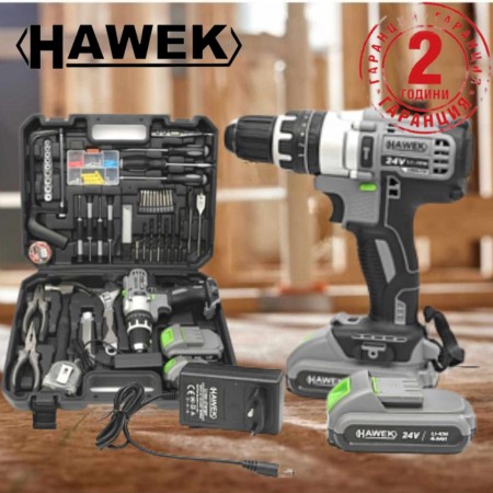 Комплект акумулаторен винтоверт 24 V + 111 броя инструменти HAWEK