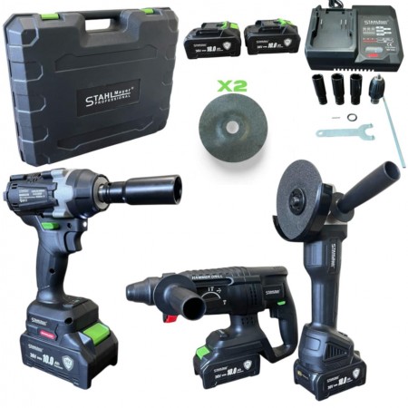 ПРОМО ПАКЕТ Акумулаторни гайковерт-винтоверт, ъглошлайф и перфоратор 4в1 STAHLMAYER 36V 10Ah