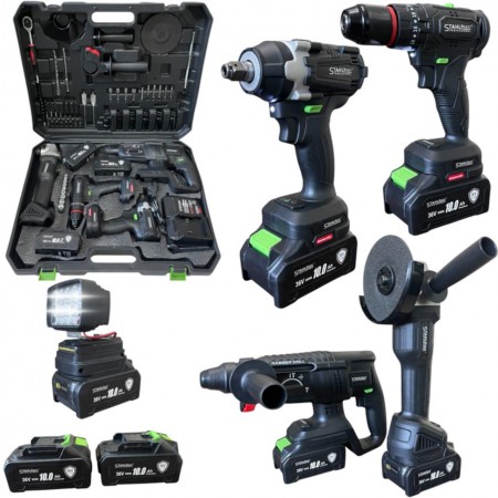 ПРОМО ПАКЕТ Акумулаторни гайковерт, винтоверт, ъглошлайф, перфоратор и LED лампа 5в1 36V 10Ah STAHLMAYER + инструменти