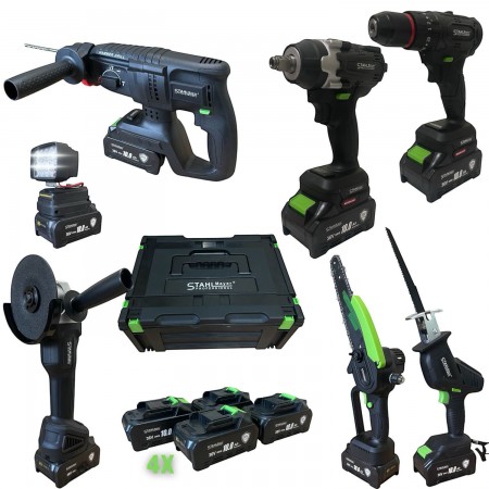 Комплект 7 в 1 от акумулаторен перфоратор, винтоверт, гайковерт, ъглошлайф, саблен трион, резачка с омасляване и LED лампа 36V 10AH с 4 батерии и части в куфар STAHLMAYER BLACK Комплект 7 в 1 от акумулаторен перфоратор, винтоверт, гайковерт, ъглошлайф, саблен трион, резачка с омасляване и LED лампа 36V 10AH с 4 батерии и части в куфар STAHLMAYER BLACK