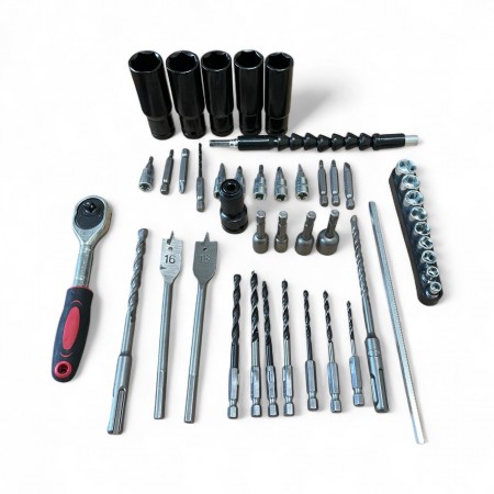 Комплект 7 в 1 от акумулаторен перфоратор, винтоверт, гайковерт, ъглошлайф, саблен трион, резачка с омасляване и LED лампа 36V 10AH с 4 батерии и части в куфар STAHLMAYER BLACK