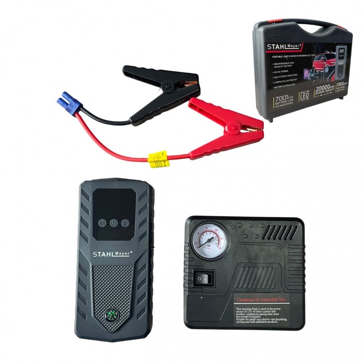 Автомобилен стартер с компресор STAHLMAYER Jump Starter 20000mAh  Автомобилен стартер с компресор STAHLMAYER Jump Starter 20000mAh