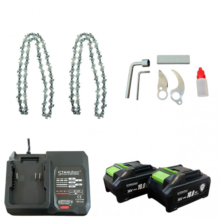 Комплект акумулаторна лозарска ножица и акумулаторен трион StahlMayer 36V 10AH, LCD дисплей