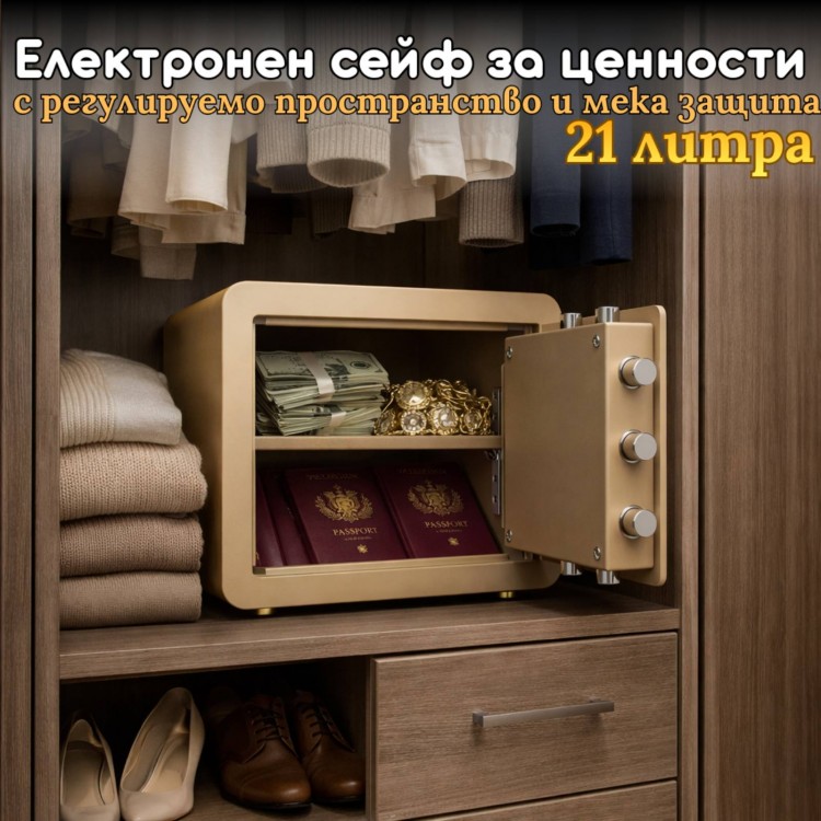 Електронен сейф за ценности с регулируемо пространство и мека защита, 21 литра Електронен сейф за ценности с регулируемо пространство и мека защита, 21 литра
