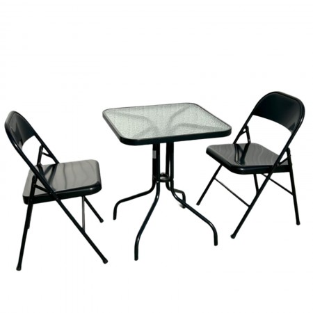 Градинска маса с прозрачно матирано стъкло и 2 стола, 60 х 60 см