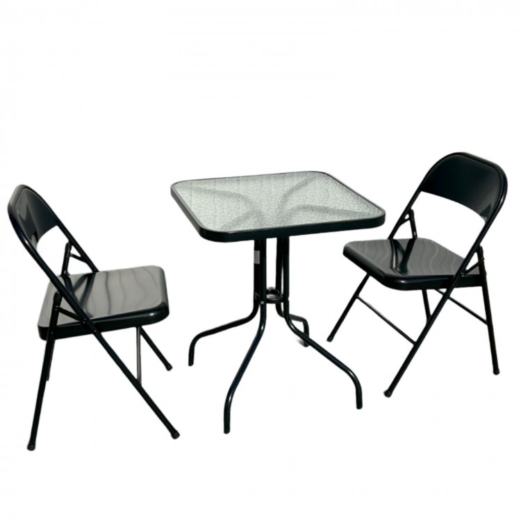 Градинска маса с прозрачно матирано стъкло и 2 стола, 60 х 60 см